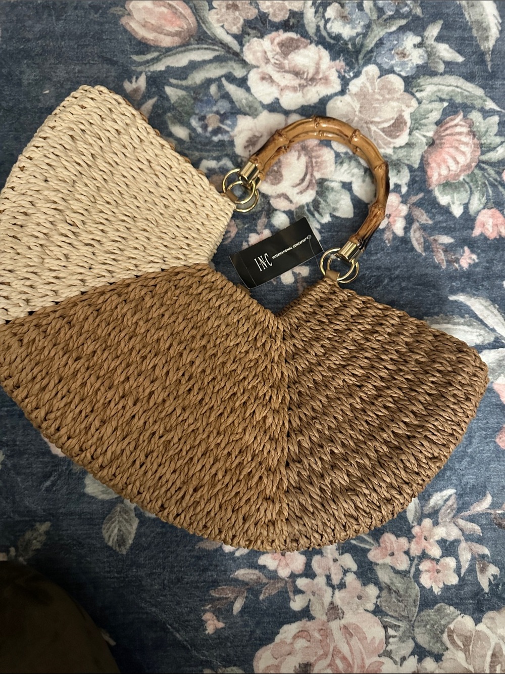 INC International Concepts Two-Tone Straw Tote with Bamboo Handles - Brown/Cream